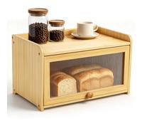 Natural Bamboo Bread Bin, Farmhouse Countertop Bread Storage with Fluted Acrylic Slide Door, Ventilated Anti Mould Bread Container with Anti-slip Base, Single Layer Oversized Kitchen Food Cabinet