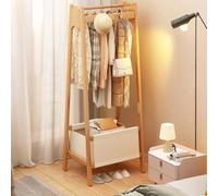 Natural Bamboo Coat Rack Stand Floor Standing Cloak Rack Simple Modern Clothes Rack Storage Basket Shelf Hanging Rail with Hooks for Hallway Entryway Bedroom Bathroom Office