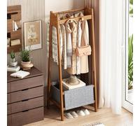 Natural Bamboo Coat Rack Stand Floor Standing Cloak Rack Simple Modern Clothes Rack Storage Basket Shelf Hanging Rail with Hooks for Hallway Entryway Bedroom Bathroom Office