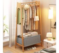 Natural Bamboo Coat Rack Stand Floor Standing Cloak Rack Simple Modern Clothes Rack Storage Basket Shelf Hanging Rail with Hooks for Hallway Entryway Bedroom Bathroom Office