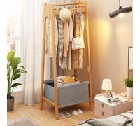 Natural Bamboo Coat Rack Stand Floor Standing Cloak Rack Simple Modern Clothes Rack Storage Basket Shelf Hanging Rail with Hooks for Hallway Entryway Bedroom Bathroom Office