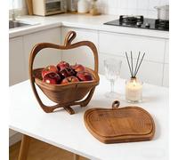 Natural Bamboo Foldable Fruit Basket, Apple Shaped, Collapsible Bowl, Heat Resistant Trivet
