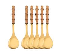 Natural Bamboo Handle Serving Spoons Set of 6, Large Size Stainless Steel Dinner Buffet Catering Banquet Serving Spoons, 10.0" Gold Big Ladle Tablespoons for Home, Family Serving Utensils