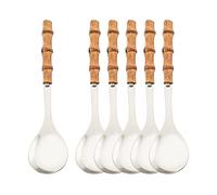 Natural Bamboo Handle Serving Spoons Set of 6, Large Size Stainless Steel Dinner Buffet Catering Banquet Serving Spoons, 10.0" Silver Big Ladle Tablespoons for Home, Family Serving Utensils
