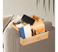 Natural Bamboo Sofa Arm Tray, Foldable Couch Arm Tray with Couch Cup Holder & Side Storage Pocket,Anti-Slip Sofa Armchair Caddy Table for Drink Cellphone TV Remote Snack (F)
