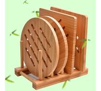 Natural Bamboo Trivet Set - 2 Square, 2 Round, 1 Storage Rack for Hot Dishes & Teapots