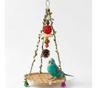 Natural Bamboo Woven Platform Swing with Colorful Chewing Hanging Toy A Cockatiel Toy Featuring Bright Shredding Ornament Hanging Perch for Cockatiel, Budgie, Conure, Lovebird, African Grey