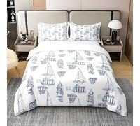 Natural Bedding 100% Cotton Duvet Cover Set Set Double Size Coastal Bedding Set for Kids Boys Girls Decor Beach Theme Comforter Cover Set Boat Print Blue and White Bedspread Cover Bedroom Bedclothes