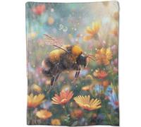 Natural Bee Blanket Gifts for Adults Women Men, Bumblebee Flying Colorful Bloom Wildflower Throw Blankets for Sofa Office Couch Room Decor, Cozy Lightweight Warm Soft Throws, 50x60 in