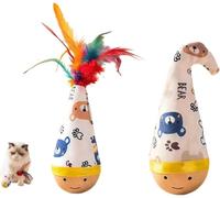 Natural Beechwood Cat Toy, 2pcs Tumbler Wobble Toy for Indoor Kittens Cat & Small Dogs, Self-Righting Interactive Toy with Colorful Feathers, Silent Play for Exercise (White)