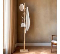 (Natural Beige) Coat Rack, Solid Wood Coat Stand, Free Standing Hall Coat Tree with 8 Hooks for Coats