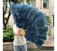 Natural Big Ostrich Feather Fans Red 13Bone 90/130cm Left Right Hands Held Folding Fan Carnival Stage Performance Props Plumes-Navy Blue-90CM 1PCS