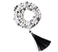 Natural Black and White Rainbow Gemstone Prayer Necklace 8mm Beads 32 Inch 108+1 Beads with Silk Thread Tassel, Meditation Buddhist Prayer Beads for Men and Women
