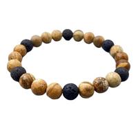 Natural Black Lava & Picture Jasper Gemstone 8 mm | Round Shape, Smooth Cut Stone | 7 Inch | Multicolor Color Gem | dhan yog stretch bracelet | success wristband | handmade jewelry |LK_BRC_03459