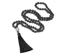 Natural Black Lava Volcano 108 Mala Beads Silk Tassel Long Necklaces Tibetan Buddha Bohemian Tribal Unisex Jewelry