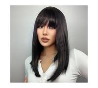 Natural Black Medium Straight Bob Synthetic Wig Hair Cosplay Party Lolita Women Girls Wigs with Bangs Heat Resistant Fibre Daily Use
