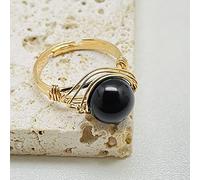 Natural Black Obsidian Ball Ring Crystal Gold Color Ring Adjustable Women'S Open Stone Rings Reiki Balance Ankle Finger Rings Eternity Ring For Women Girl Men