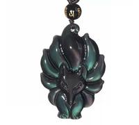 Natural Black Obsidian Crystal Nine Tail Fox Necklace Pendant Bead with Chain-rainbow 1