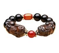 Natural Black Obsidian/Piyao Six Words Bracelet Gemstone Energy Tiger Eye Beaded Adjustable Wealth Protection,3,14MM