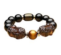 Natural Black Obsidian/Piyao Six Words Bracelet Gemstone Energy Tiger Eye Beaded Adjustable Wealth Protection,3,14MM
