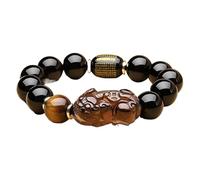 Natural Black Obsidian/Piyao Six Words Bracelet Gemstone Energy Tiger Eye Beaded Adjustable Wealth Protection,3,14MM