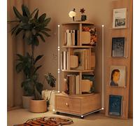 Natural Black Rotating Bookshelf with Top Storage & Drawer 360° Lockable Display Shelves Side Bookends Adjustable Bookcase Multiple Sizes (45.3in)