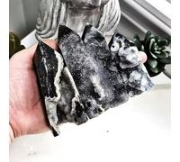 Natural Black Sphalerite Druzy Geode Crystal Tower Point Obelisk Quart