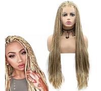 Natural Blonde Mxied Drag Queen Box Braids Wig for Afro American Women Long Handmade Box Braided Brown Blonde Streak Color Synthetic Lace Front Wig for Women Party Daily Braids Hair Wigs 26"