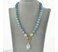 Natural Blue Aquamarine Gems Beaded White Keshi oque Pearl Pendant Necklace-10mm-30 in