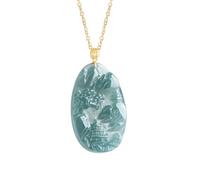 Natural Blue Jadeite Hand Carved Mountain Landscape Pendant NecklaceFeng Shui Calm Wisdom Amulet With Gold Plated Fu Character Chain