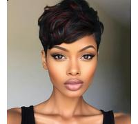 Natural Brown Short Pixie Cut Wavy Human Hair Wigs For Women Brazilian Hair Colored Side Part Bob Wigs-6inches-Highlight Red
