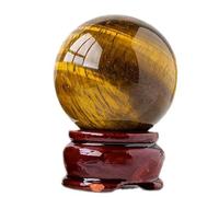 Natural Chakra Crystal Sphere Ball with Wood Stand Healing Crystals Gemstone Ball Divination Sphere Sculpture Figurine for Reiki Meditation Feng Shui Home Desk Decor,Silk Agate(Yellow Tiger Eye)
