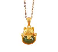 Natural Cinnabar Pendant Natural Jade Necklace Green Jasper Feng Shui Gold Plated Sterling Silver Lucky Cat Charm Pendant Old Coin Chinese Fu Character Adjustable Chain Talisman for Wealth Money Good