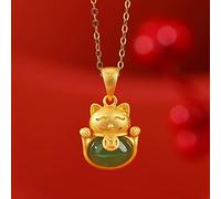 Natural Cinnabar Pendant Natural Jade Necklace Green Jasper Feng Shui Gold Plated Sterling Silver Lucky Cat Charm Pendant Old Coin Chinese Fu Character Adjustable Chain Talisman for Wealth Money Good