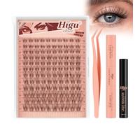 Natural-Cluster-Lashes Kit D curl, Higu clace Wispy Lash Clusters Kit 10-18mm, Eyelashes-Individual kit with Bond and Seal and Tweezers, DIY Eyelash Extensions Kit at Home(Feather 01）