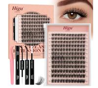 Natural-Cluster-Lashes Kit D curl, Higu clace Wispy Lash Clusters Kit 10-18mm, Eyelashes-Individual kit with Bond and Seal and Tweezers, DIY Eyelash Extensions Kit at Home(Natural 11）