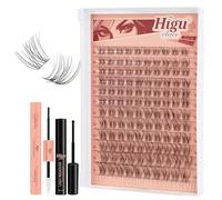 Natural-Cluster-Lashes Kit D curl, Higu clace Wispy Lash Clusters Kit 10-18mm, Eyelashes-Individual kit with Bond and Seal and Tweezers, DIY Eyelash Extensions Kit at Home(Feather 01-V01）