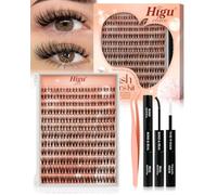 Natural-Cluster-Lashes Kit D curl, Higu clace Wispy Lash Clusters Kit 8-16mm, Eyelashes-Individual kit with Bond and Seal and Tweezers, DIY Eyelash Extensions Kit at Home(B）