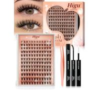 Natural-Cluster-Lashes Kit D curl, Higu clace Wispy Lash Clusters Kit 8-16mm, Eyelashes-Individual kit with Bond and Seal and Tweezers, DIY Eyelash Extensions Kit at Home(A）