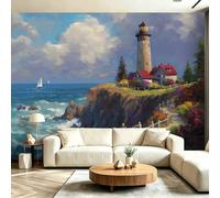 Natural Coast Printed 200 x 140 cm Photo Wallpaper Mural, Blue Non-Woven Premium Wall Mural - Modern Nautical Coastal Lighthouse Oil Painting Wall Art for Home Reading Room Lounge Wall Covering