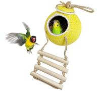Natural Coconut Fiber Hanging Birdhouse Cage with Ladder, Handmade Sisal Rope & Coconut Bird Shell Breeding Nest for Parrot Parakeet Lovebird Finch Canary (Yellow)