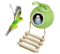 Natural Coconut Fiber Hanging Birdhouse Cage with Ladder, Handmade Sisal Rope & Coconut Bird Shell Breeding Nest for Parrot Parakeet Lovebird Finch Canary (Green)