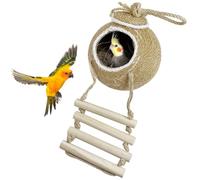 Natural Coconut Fiber Hanging Birdhouse Cage with Ladder, Handmade Sisal Rope & Coconut Bird Shell Breeding Nest for Parrot Parakeet Lovebird Finch Canary (Brown)