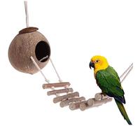 Natural Coconut Shell Bird Nest,1PC Coconut Bird House Bed with Wooden Ladders,Durable Cave Habitat Hanging Bird Swing Toy for Pet Parrot Budgie Parakeet Cockatiel Conure Hamster