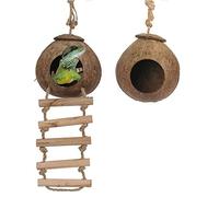 Natural Coconut Shell Gecko Nest House Reptile Hideouts Bed Cage Toy with Ladder Hanging Loop for Lizards Chameleon Gecko Snakes Small Animal 2 PCS