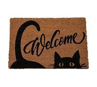 Natural Coir Mat Printed Patterned Dirt Trapper Indoor/Outdoor Door Mat Welcome Mat Non-Slip PVC Backed Doormat 60cm x 40cm (Black Cat Welcome)