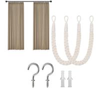 Natural Cotton Rope Curtain Tie Backs,2 Pcs Elegant Boho Style Decorative Hand Knitting Curtains Tied with Metal Hook Braided Curtain Tie Backs for Home Hotel Office (Beige)