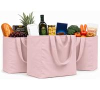 Natural Craft Canvas Grocery Bag 3pc XL Set with Real Pockets, Long Shoulder Strap and Short Handle. Heavy Duty, Foldable, Washable (Blush pink)