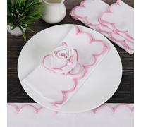 Natural Craft Scalloped Embroidery Cloth Napkins Premium Quality Table Decor Spring and Summer 100% Cotton Reusable Washable Napkin -18 x 18 inch (SL-White Napkin with Blush Pink Edges, Pack of 4)