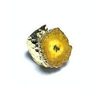 Natural Crystal Agate Ring - Raw White Crystal Slice with Gold Trim, Unique Agate Ring for Women, Spiritual and Healing Jewelry(Yellow)